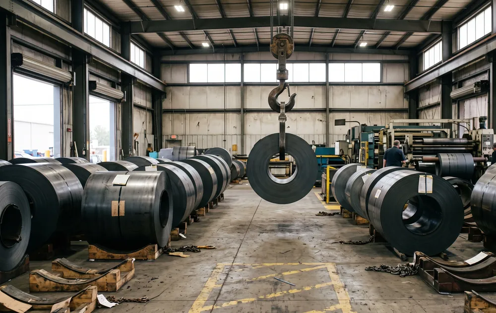 Overhead crane lifting a steel coil in a service center