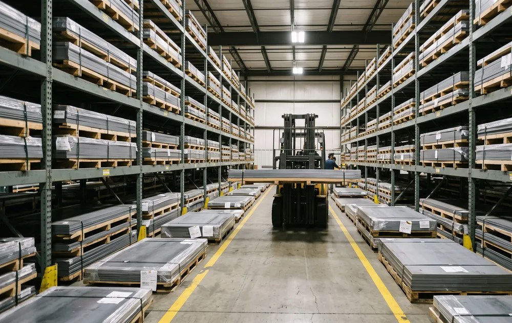 Distributor warehouse racks with bundles of steel sheet